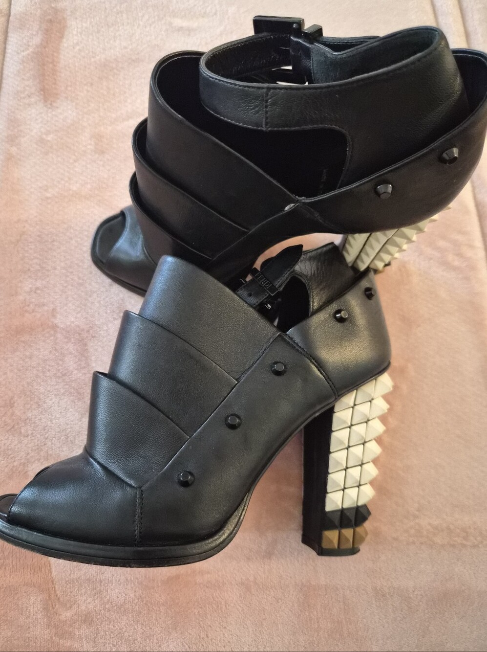 Fendi Black Open-Toe Studded Block Heel Ankle Boots